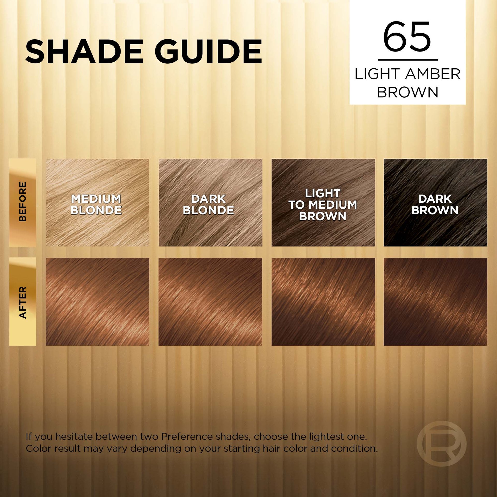 Hair before and after using Superior Preference 65 Light Amber Brown